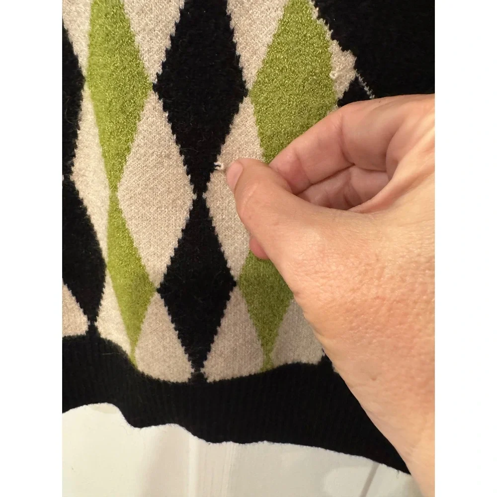 The Oblong Box Shop Black Cat Argyle Sweater XL Green Black Retro Rockabilly